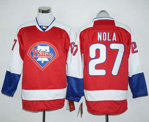 Phillies #27 Aaron Nola Red Long Sleeve Stitched Baseball Jersey