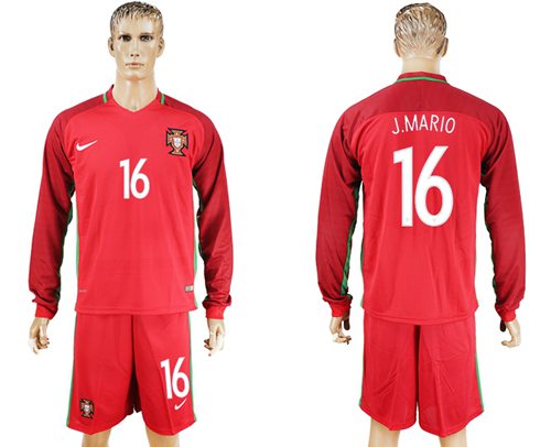 Portugal #16 J.Mario Home Long Sleeves Soccer Country Jersey Portugal #16 J.Mario Home Long Sleeves Soccer Country Jersey