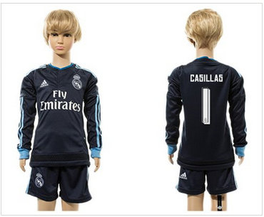 Real Madrid #1 Casillas Navy Blue Long Sleeves Kid Soccer Club Jersey Real Madrid #1 Casillas Navy Blue Long Sleeves Kid Soccer Club Jersey