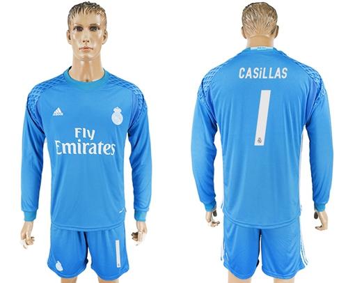 Real Madrid #1 Casillas Sky Blue Goalkeeper Long Sleeves Soccer Club Jersey Real Madrid #1 Casillas Sky Blue Goalkeeper Long Sleeves Soccer Club Jersey