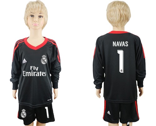 Real Madrid #1 Navas Black Goalkeeper Long Sleeves Kid Soccer Club Jersey Real Madrid #1 Navas Black Goalkeeper Long Sleeves Kid Soccer Club Jersey