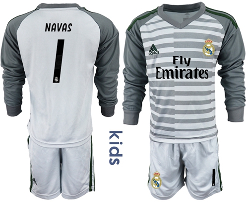 Real Madrid #1 Navas Grey Goalkeeper Long Sleeves Kid Soccer Club Jersey Real Madrid #1 Navas Grey Goalkeeper Long Sleeves Kid Soccer Club Jersey