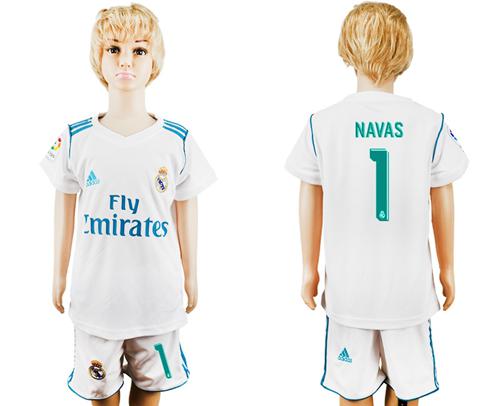 Real Madrid #1 Navas White Home Kid Soccer Club Jersey