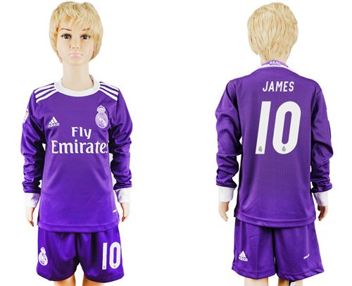 Real Madrid #10 James Away Long Sleeves Kid Soccer Club Jersey