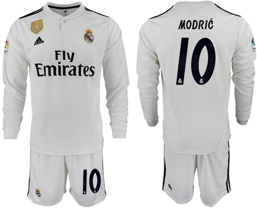 Real Madrid #10 Modric White Home Long Sleeve Soccer Club Jersey
