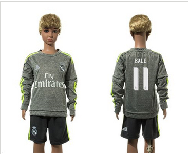 Real Madrid #11 Bale Grey Long Sleeves Kid Soccer Club Jersey