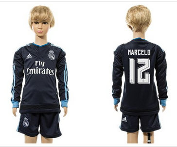 Real Madrid #12 Marcelo Navy Blue Long Sleeves Kid Soccer Club Jersey