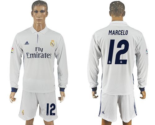 Real Madrid #12 Marcelo White Home Long Sleeves Soccer Club Jersey Real Madrid #12 Marcelo White Home Long Sleeves Soccer Club Jersey