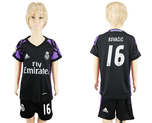 Real Madrid #16 Kovacic Black Kid Soccer Club Jersey