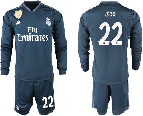 Real Madrid #22 Isco Away Long Sleeves Soccer Club Jersey