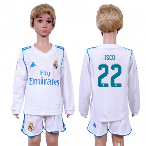 Real Madrid #22 Isco Home Long Sleeves Kid Soccer Club Jersey