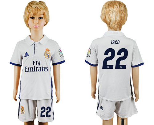 Real Madrid #22 Isco White Home Kid Soccer Club Jersey
