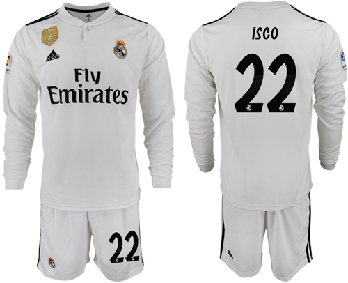 Real Madrid #22 Isco White Home Long Sleeves Soccer Club Jersey