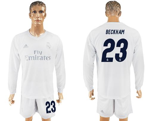 Real Madrid #23 Beckham Marine Environmental Protection Home Long Sleeves Soccer Club Jersey Real Madrid #23 Beckham Marine Environmental Protection Home Long Sleeves Soccer Club Jersey