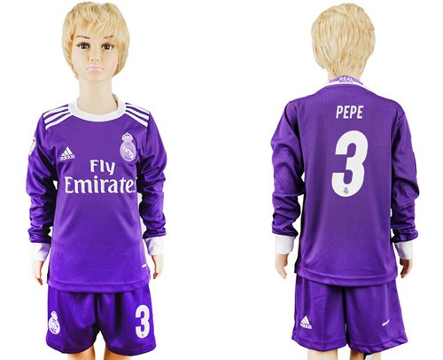 Real Madrid #3 Pepe Away Long Sleeves Kid Soccer Club Jersey