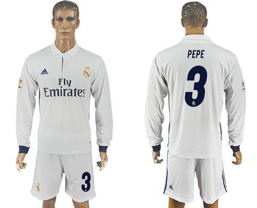 Real Madrid #3 Pepe White Home Long Sleeves Soccer Club Jersey
