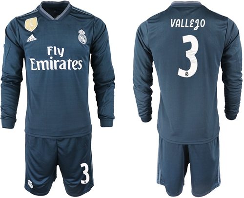 Real Madrid #3 Vallejo Away Long Sleeve Soccer Club Jersey