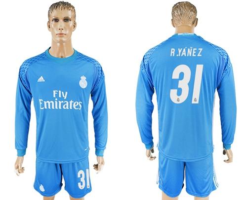 Real Madrid #31 R.Yanez Sky Blue Goalkeeper Long Sleeves Soccer Club Jersey Real Madrid #31 R.Yanez Sky Blue Goalkeeper Long Sleeves Soccer Club Jersey