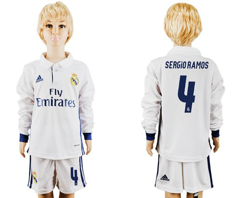 Real Madrid #4 Sergio Ramos Home Long Sleeves Kid Soccer Club Jersey