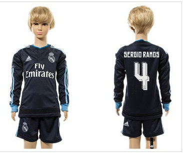 Real Madrid #4 Sergio Ramos Navy Blue Long Sleeves Kid Soccer Club Jersey (2)