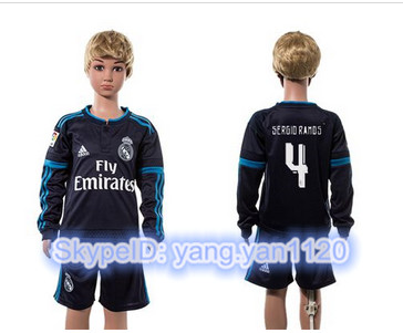 Real Madrid #4 Sergio Ramos Navy Blue Long Sleeves Kid Soccer Club Jersey