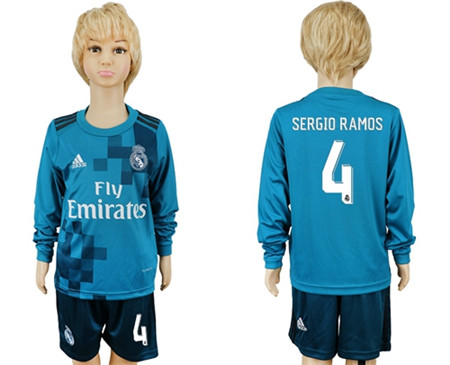Real Madrid #4 Sergio Ramos Sec Away Long Sleeves Kid Soccer Club Jersey Real Madrid #4 Sergio Ramos Sec Away Long Sleeves Kid Soccer Club Jersey