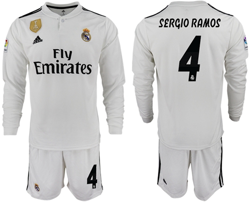 Real Madrid #4 Sergio Ramos White Home Long Sleeves Soccer Club Jersey