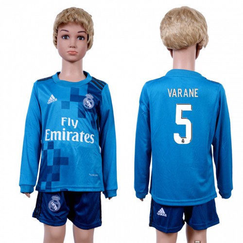 Real Madrid #5 Varane Sec Away Long Sleeves Kid Soccer Club Jersey