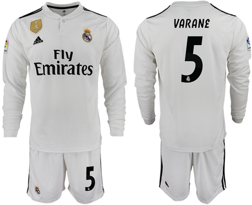 Real Madrid #5 Varane White Home Long Sleeves Soccer Club Jersey Real Madrid #5 Varane White Home Long Sleeves Soccer Club Jersey