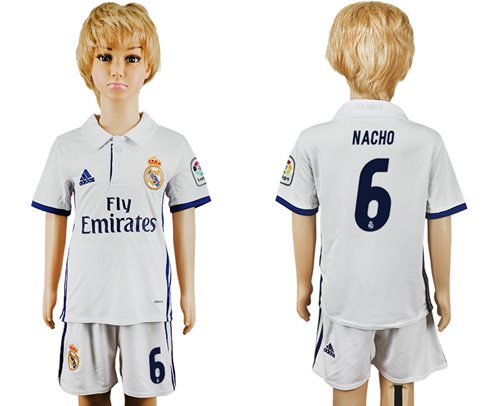 Real Madrid #6 Nacho White Home Kid Soccer Club Jersey