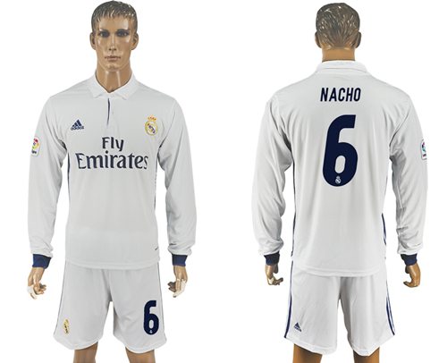 Real Madrid #6 Nacho White Home Long Sleeves Soccer Club Jersey Real Madrid #6 Nacho White Home Long Sleeves Soccer Club Jersey