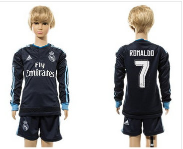 Real Madrid #7 Ronaldo Navy Blue Long Sleeves Kid Soccer Club Jersey (2)