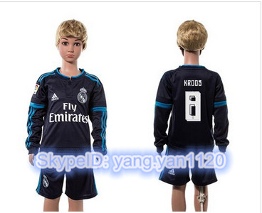 Real Madrid #8 Kroos Navy Blue Long Sleeves Kid Soccer Club Jersey Real Madrid #8 Kroos Navy Blue Long Sleeves Kid Soccer Club Jersey