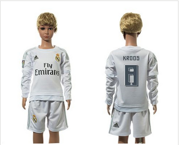 Real Madrid #8 Kroos White Home Long Sleeves Kid Soccer Club Jersey Real Madrid #8 Kroos White Home Long Sleeves Kid Soccer Club Jersey