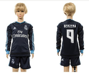 Real Madrid #9 Benzema Navy Blue Long Sleeves Kid Soccer Club Jersey (2)