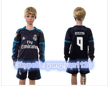 Real Madrid #9 Benzema Navy Blue Long Sleeves Kid Soccer Club Jersey