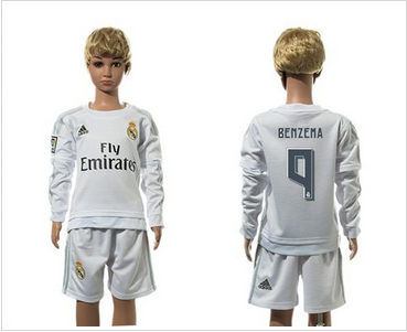Real Madrid #9 Benzema White Home Long Sleeves Kid Soccer Club Jersey