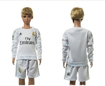 Real Madrid Blank White Home Long Sleeves Kid Soccer Club Jersey
