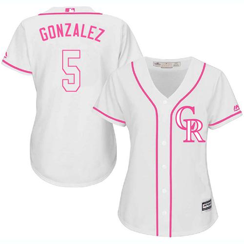 Rockies #5 Carlos Gonzalez White Pink Fashion Women's Stitched MLB Jersey