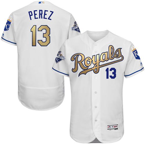 Royals #13 Salvador Perez White 2015 World Series Champions Gold Program FlexBase Authentic Stitched MLB Jersey Royals #13 Salvador Perez White 2015 World Series Champions Gold Program FlexBase Authentic Stitched MLB Jersey