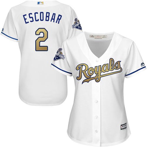Royals #2 Alcides Escobar White 2015 World Series Champions Gold Program Cool Base Women's Stitched MLB Jersey Royals #2 Alcides Escobar White 2015 World Series Champions Gold Program Cool Base Women's Stitched MLB Jersey