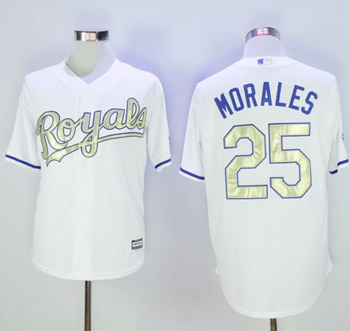 Royals #25 Kendrys Morales White New Cool Base 2015 World Series Champions Gold Program Stitched MLB Jersey Royals #25 Kendrys Morales White New Cool Base 2015 World Series Champions Gold Program Stitched MLB Jersey