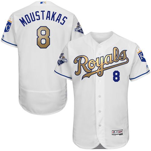 Royals #8 Mike Moustakas White 2015 World Series Champions Gold Program FlexBase Authentic Stitched MLB Jersey Royals #8 Mike Moustakas White 2015 World Series Champions Gold Program FlexBase Authentic Stitched MLB Jersey