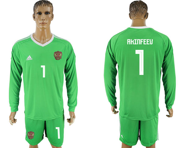 Russia #1 Akinfeev Home Long Sleeves Green Soccer Country Jersey