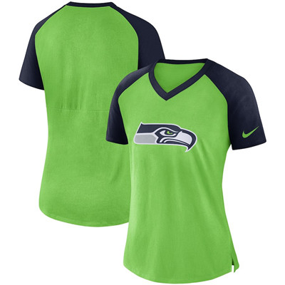 Seattle Seahawks Nike Women's Top V Neck T-Shirt Neon Green College Navy