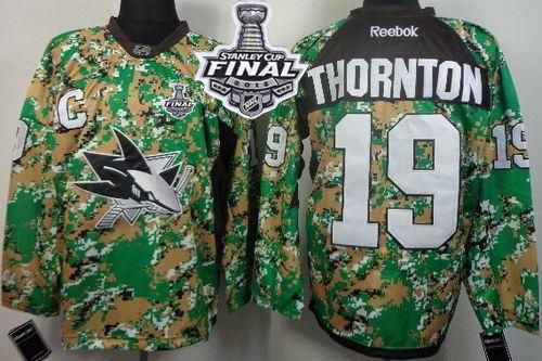 Sharks #19 Joe Thornton Camo Veterans Day Practice 2016 Stanley Cup Final Patch Stitched NHL Jersey