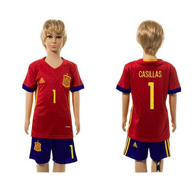 Spain #1 Casillas Red Home Kid Soccer Country Jersey
