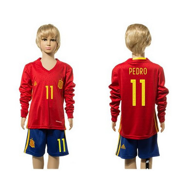 Spain #11 Pedro Red Home Long Sleeves Kid Soccer Country Jersey