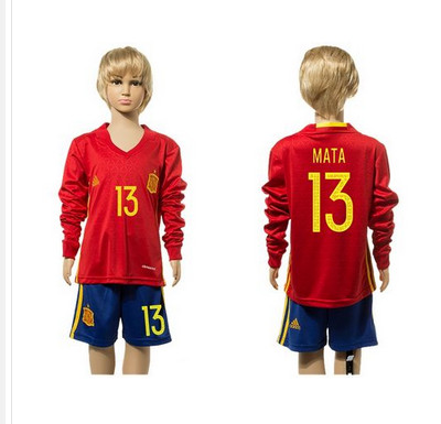 Spain #13 Mata Red Home Long Sleeves Kid Soccer Country Jersey