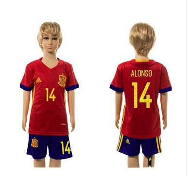 Spain #14 Alonso Red Home Kid Soccer Country Jersey